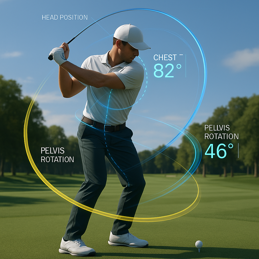 3D Golf Swing Analysis showing chest rotation of 82 degrees and pelvis rotation of 46 degrees